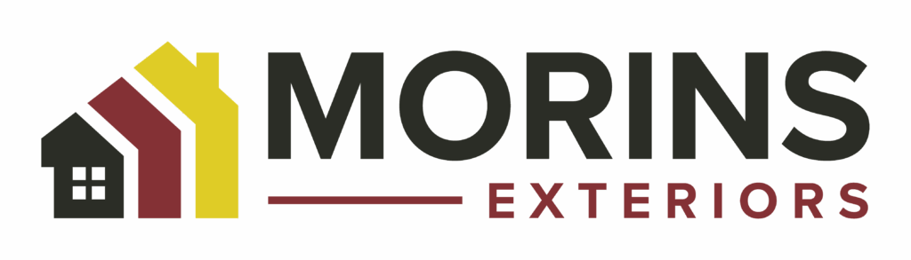 Logo for Morins Exteriors featuring three overlapping house icons in black, red, and yellow, followed by the text "MORINS" in bold black letters and "EXTERIORS" in red capital letters beneath a red line.