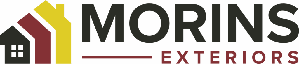 Logo for "Morins Exteriors" with three stylized house shapes in black, red, and yellow on the left, and bold text beside them. "Exteriors" is written in red below a horizontal line.