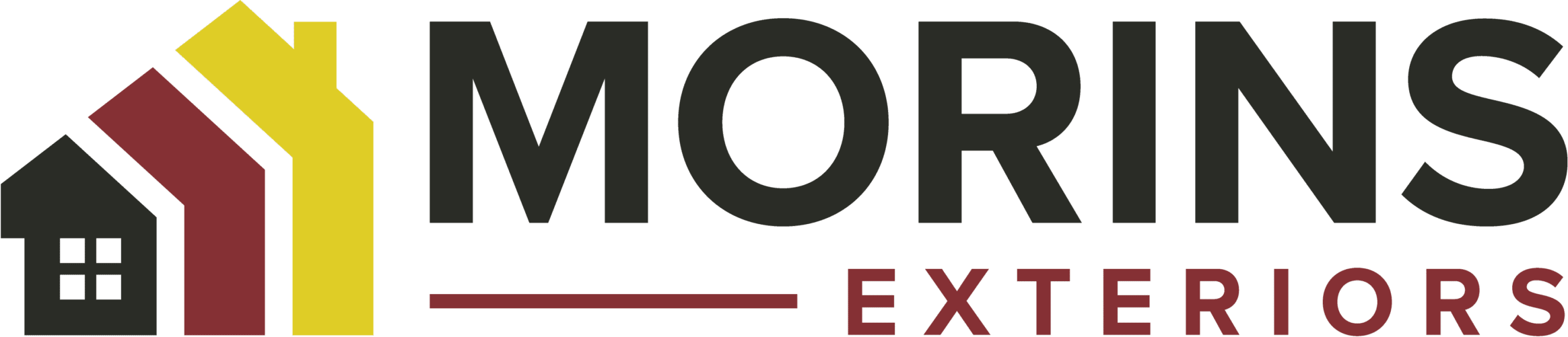 Logo for "Morins Exteriors" with three stylized house shapes in black, red, and yellow on the left, and bold text beside them. "Exteriors" is written in red below a horizontal line.