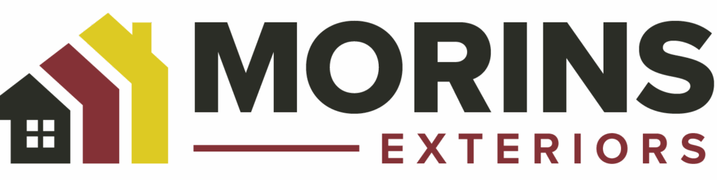 Logo for Morins Exteriors featuring three stylized house shapes in black, maroon, and yellow on the left, with bold text "MORINS" and "EXTERIORS" to the right, separated by a maroon line.