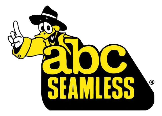 Cartoon duck in a black hat and yellow coat points upward next to the bold yellow and black text “abc SEAMLESS,” highlighting quality home siding.