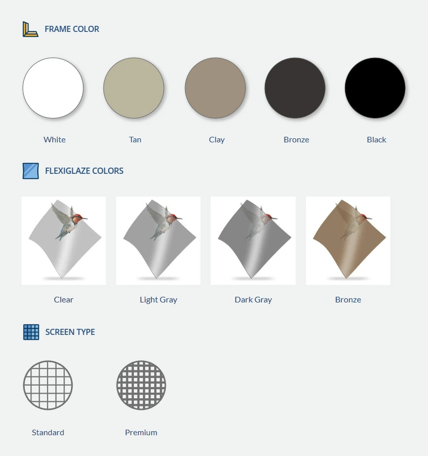 A diagram showing porch windows frame color options (White, Tan, Clay, Bronze, Black), FlexiGlaze colors (Clear, Light Gray, Dark Gray, Bronze), and two screen types—Standard and Premium grids.