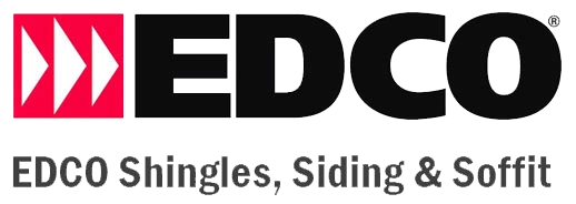 Logo of EDCO with three white arrows on a red square and bold black letters spelling "EDCO." Below, it reads "EDCO Shingles, Siding & Soffit" in gray, uppercase text—perfect for your next home siding project.