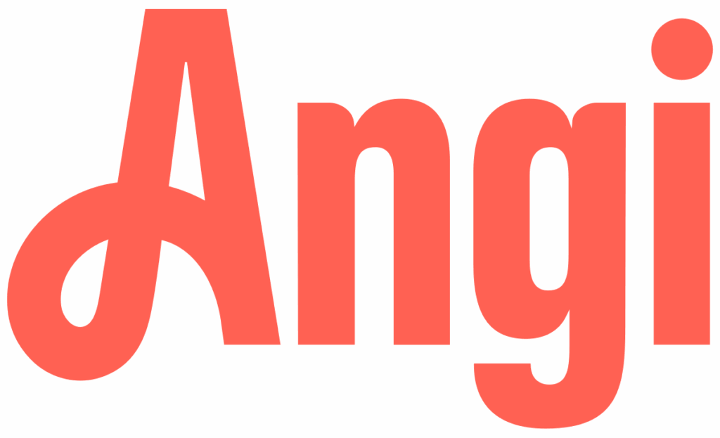 The image shows the word "Angi" in bold, lowercase and uppercase, coral-colored letters on a white background. The "A" features a unique, looping design connecting to the left leg.