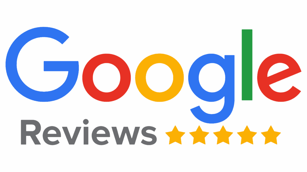 Google Reviews logo with the word "Reviews" below the Google logo and five yellow stars indicating a five-star rating.
