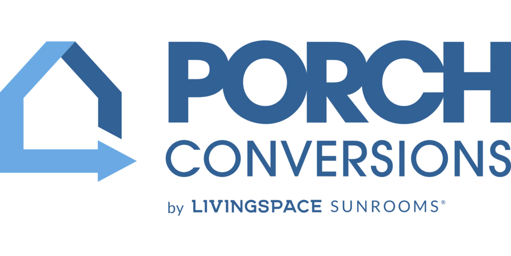 Logo for "Porch Conversions by LivingSpace Sunrooms" features a blue house outline with an arrow pointing right, next to the company name in bold blue text, designed in partnership with Morin’s Exteriors.