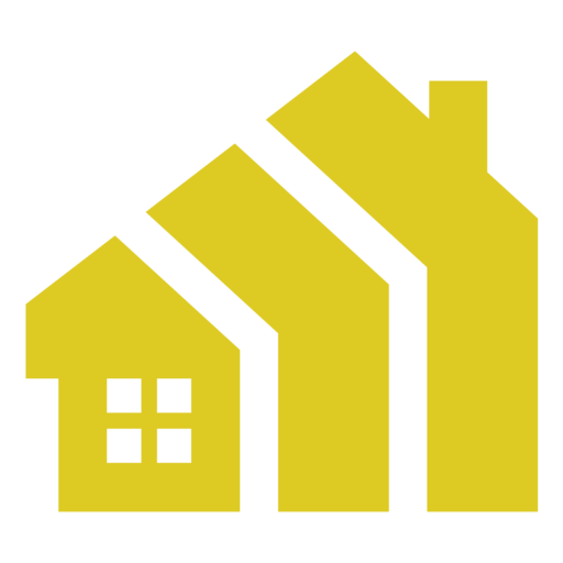 A minimalist yellow graphic of three house shapes on a light gray background, with the leftmost house featuring four window panes.