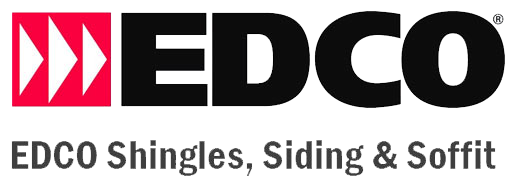 EDCO logo with three white arrows on a red background and bold black text "EDCO." Below, gray text reads "EDCO Shingles, Siding, Metal Roofing & Soffit" on a light background.
