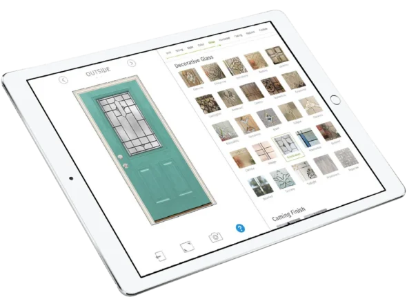 A tablet displays a door customization app, showing a teal door with decorative glass options, various window and glass designs to choose from on the right side of the screen.