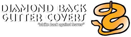 Logo for Diamond Back Gutter Covers with the slogan "strike back against leaves" features a stylized orange snake coiled on the right side, highlighting powerful protection for your gutters.
