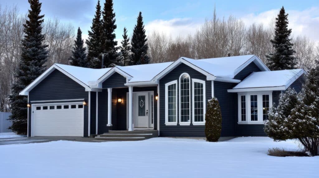 A modern dark blue house with white trim sits in a snowy yard, surrounded by evergreen trees. The home features large front windows, a covered porch, and an attached two-car garage.